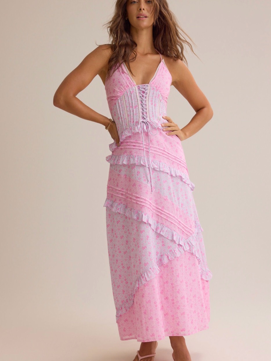 Altar'd State Pink Floral Lace-Up Maxi Dress With Ruffle Tiers